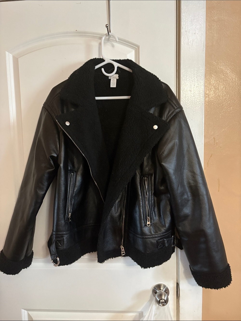 Women's Black Faux Leather Sherpa-Trim Biker Jacket